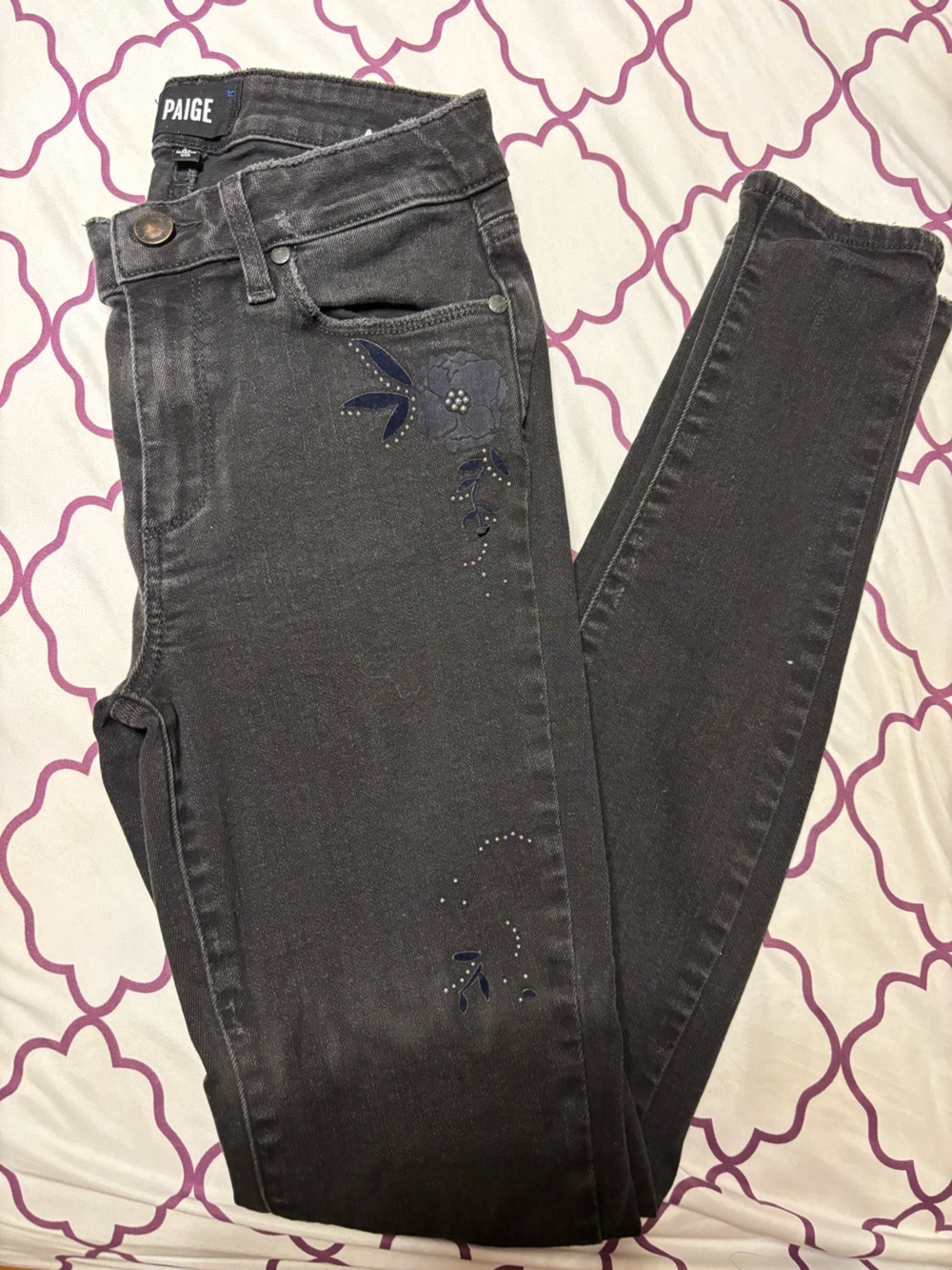 PAIGE Dark Gray Cropped Embroidered Skinny Jeans